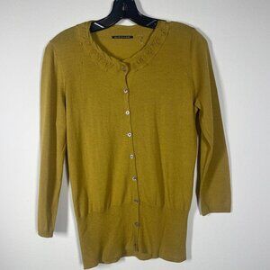 Elie Tahari Women's LS 100% Wool Button-Up Blouse Mustard Brown M Flawed!